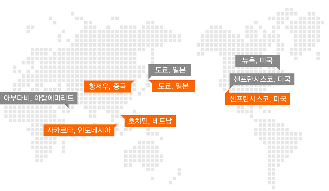 법인 및 주재사무소 위치 이미지. 베트남, 중국, 인도네이사, 미국, 일본, 미국, 아랍에미리트